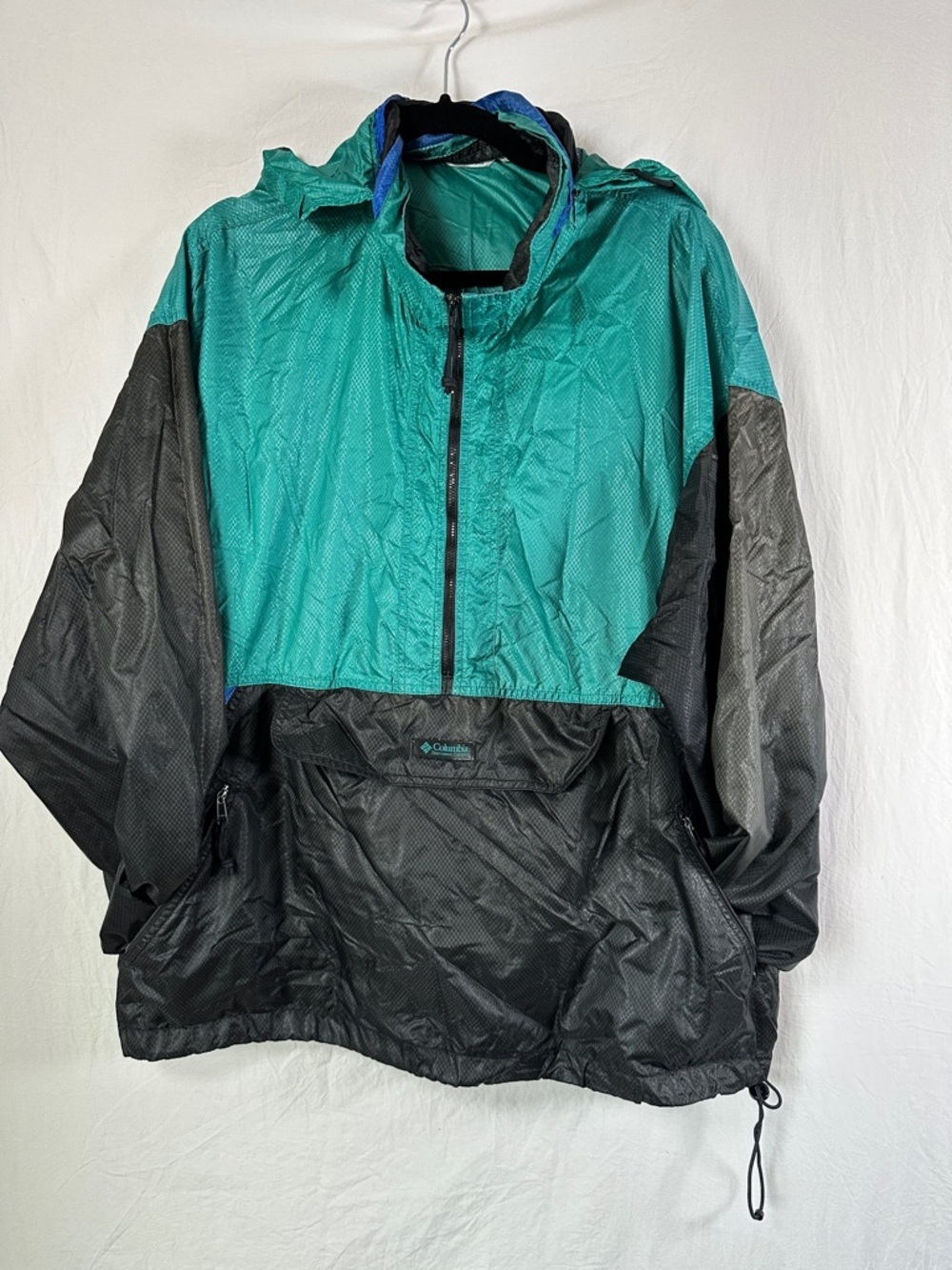 Vintage Columbia Teal and Black Half-Zip Hooded Windbreaker